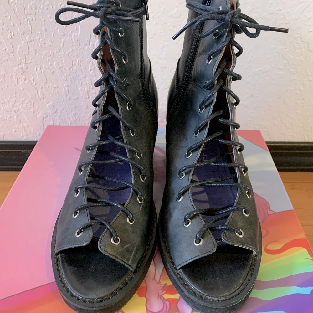 Jeffrey Campbell Meriwidow Black Leather Open Toe Lace Up Bootie